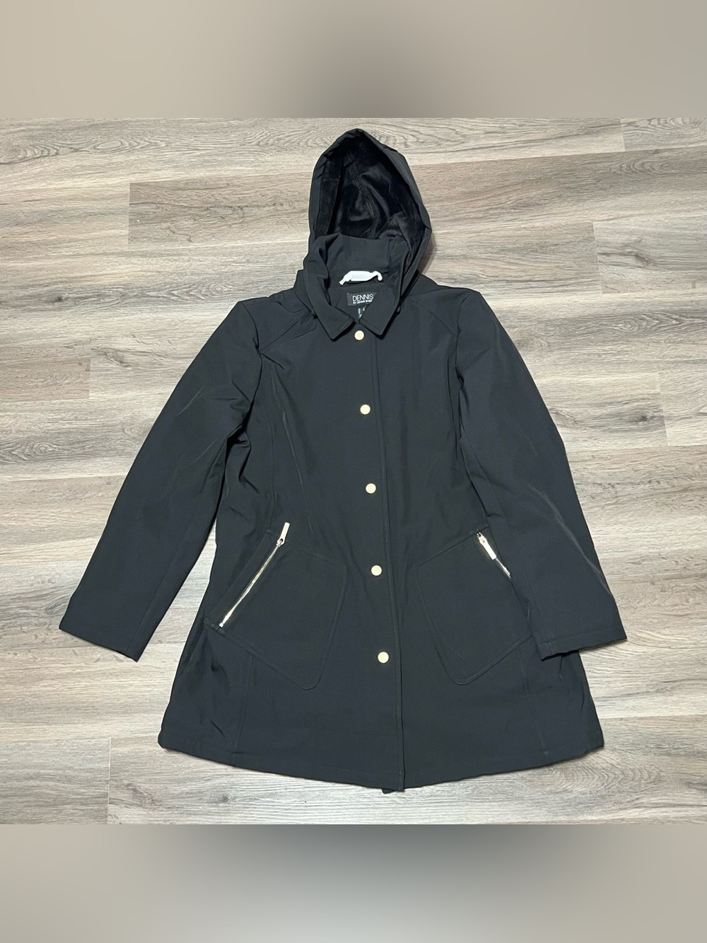 Dennis Basso Women’s Large All Weather Rain Coat Black Hooded Pockets NWOT